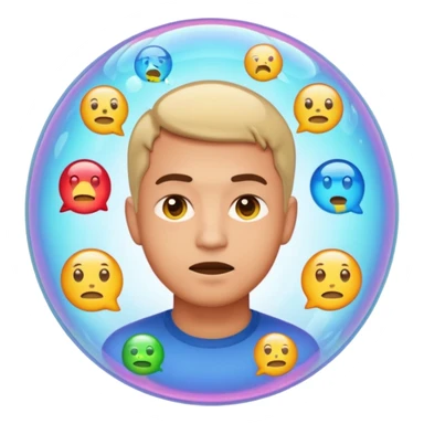 Realistic emoji-style man trapped inside a glowing filter bubble. The bubble contains identical social media icons and repeating content symbols. Outside the bubble are colorful diverse icons he cannot see. The man looks comfortable but unaware, expressing narrow perspective. sticker