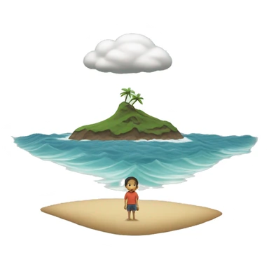 A tiny person standing on a deserted island, surrounded by waves, with a single cloud above their head sticker