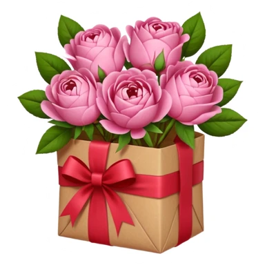Bouquet of pink flower like rose and peony wrapped in kraft paper with red bow sticker