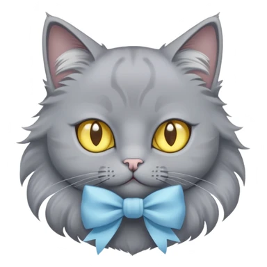 a grey cat with yellow eyes and a light blue full-length bow sticker