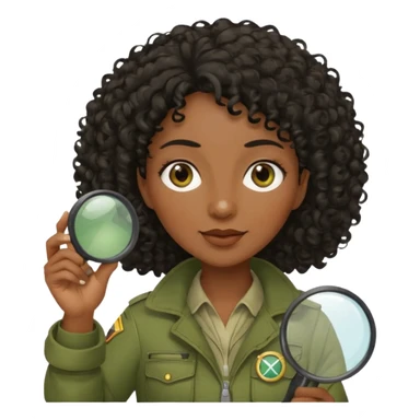 dark skin curly black haired middle-aged woman in moss green explorer outfit, holding magnifying glass sticker
