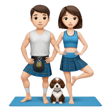 emoji of brunette man wearing kilt, brunette woman in yoga outfit and white cockapoo sticker