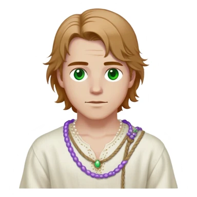 Medieval spring outfit worn by a DnD themed fantasy male character. Pearl white linen tunic with lavender thread detailing at the yoke, secured with a hand-twisted hemp rope belt. Clothes only above the waist, full waist coverage. The character has no arms. Character is white-skinned with caramel brown hair, violet-flecked green eyes, and shoulder-length hair with loose waves. sticker