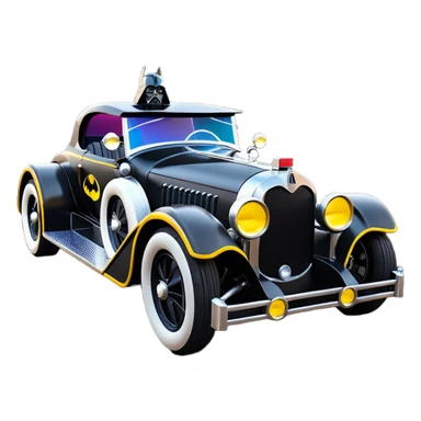 Mad max luxurious survival apocalypse ghostly sporty antique electric Darth Vader’s Batman-armored 1926 black graphite colored enclosed twin seat town coupe Batmobile with horizontal holographic 3d stars painted on the body sides and neon underglow  sticker