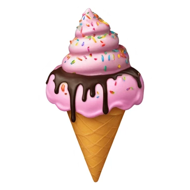 pink ice cream with rainbow sprinkles, chocolate sauce, and one cherry on top in a cone sticker
