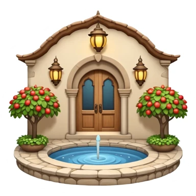 3D Apple-style emoji of a full traditional Turkish han. Rounded stone building with arched wooden doors and windows, small courtyard, fountain, arches, and hanging lanterns. Glossy, smooth, soft shadows, clean white background.






 sticker