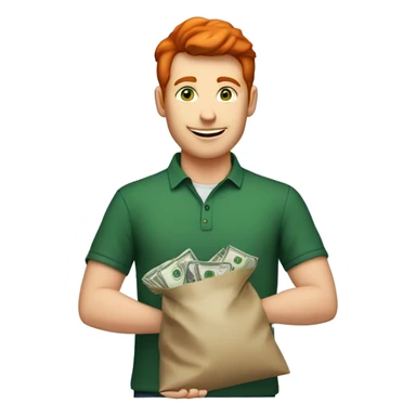 Man with short red hair, green eyes and oxford blue shirt holding bag of money sticker