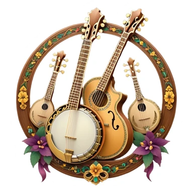 Create an intricate, festive, and emblematic emoji symbolizing plucked string instruments. The design should resemble a regal crest, featuring instruments like a banjo, mandolin, domra, sitar, and other plucked strings, arranged symmetrically in an ornate composition. Their necks and strings should elegantly intertwine with a flowing ribbon of musical notes, wrapping gracefully around the instruments. The overall shape should be grand and balanced, evoking a sense of tradition and celebration. Use a rich and refined color palette with gold, deep mahogany, and vibrant accents, adding intricate wood textures, decorative inlays, and metallic tuning pegs for a professional, polished look. The background should be transparent, making the emblem stand out as an independent artistic mark sticker