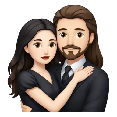tall white man with brown hair goatee mustache hugging a pale woman with long black hair, wearing elegant clothing sticker