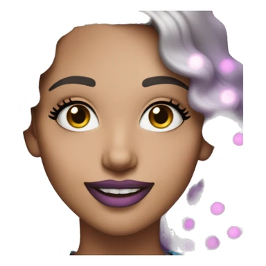 An adult white-skinned woman, with makeup, smiling, pink and purple sparkles of glitter on her face, blue eyes, wavy ombre hair, ring earrings, black T-shirt. sticker