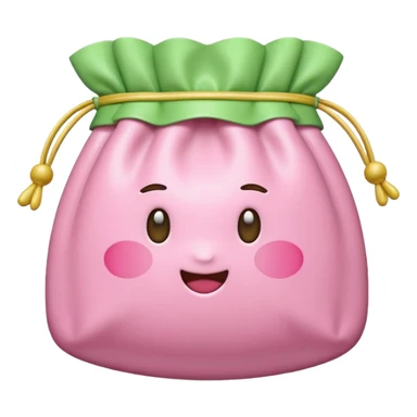 A Korean fortune pouch (bokjumeoni) in iPhone emoji style, pastel pink and light green colors, soft 3D glossy texture, centered, no outlines, transparent background. no face sticker