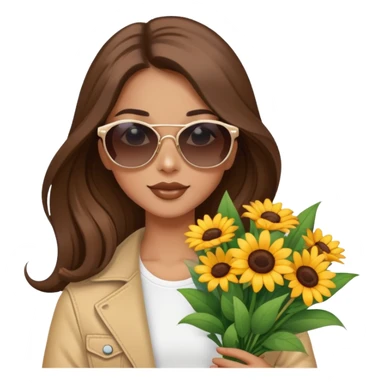 cool girl with long brown hair holding a bouquet of flowers, sunglasses, trendy sticker