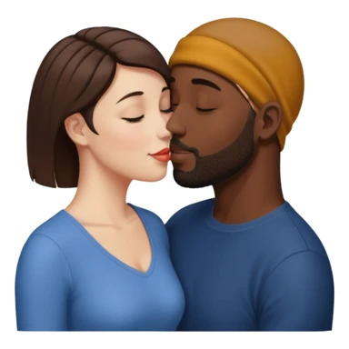 a white woman with short brown hair and a black man with no hair and a beard are facing one each other and the woman is giving a kiss to the man's forehead sticker