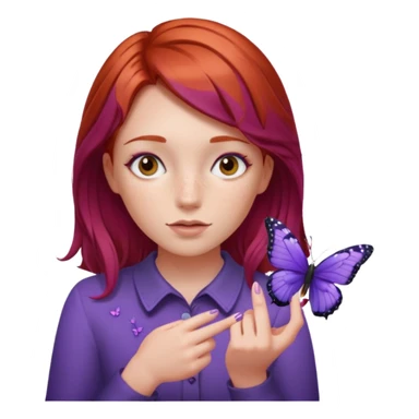 red haired girl finger holding purple butterfly - but her hands down sticker