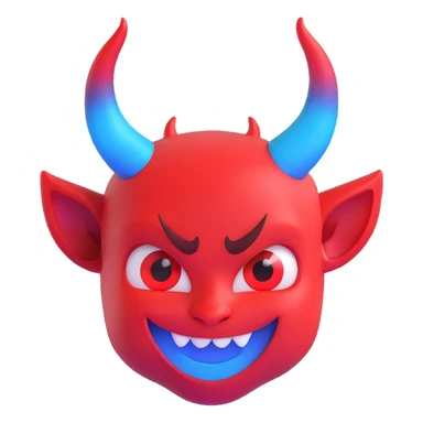 devil emoji with holographic effect, iridescent red and blue colors, small horns, mischievous grin, glowing highlights sticker