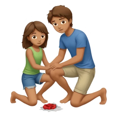 barefooted boy with messy brown hair yellow putting his foot on a kneeling girl sticker