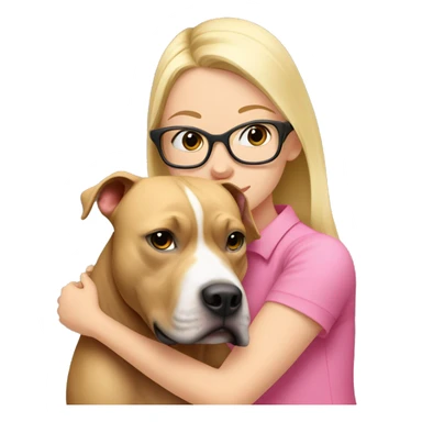 blonde haired girl with clear glasses and a pink shirt hugging a blonde American pit bull sticker