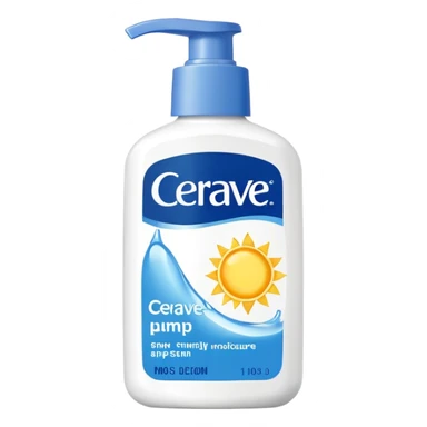 White CeraVe pump bottle with blue label and bright yellow  glow badge. Floating in golden morning light, encircled by radiant sunbeams and shimmering protective particles. A shield of light surrounds it like a solar barrier. Glossy, potion-like, symbolizing daily moisture and powerful sun defense. sticker