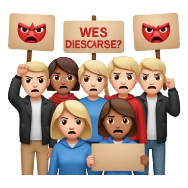 a crowd of people with angry faces and holding placards that read: we disagree sticker