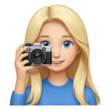  blue eyes blonde girl photographer cartoon taking picture in middle of taking picture camera in front of face long hair smiling funny flash professional, camera in front of face sticker