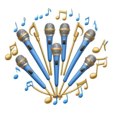 Create a harmonious and elegant emoji that represents choral singing. The design should feature multiple microphones arranged in a semi-circle, symbolizing a choir. Add musical notes flowing around to represent the harmony and unity of the voices. Include subtle elements like sheet music or a conductor's baton to reflect the organized aspect of choral performance. Use colors like gold, silver, and soft blue to evoke a sense of togetherness, professionalism, and grace. The background should be transparent. sticker