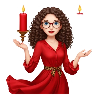 a blue eyed woman with very long brunette curly hair, full lips,and really pale skin. She is wearing a leopard printed thin round-ish glasses . She is wearing fully plain silky red dress. She is flying on the air. There are red candles in her hands. She is making a magic. sticker