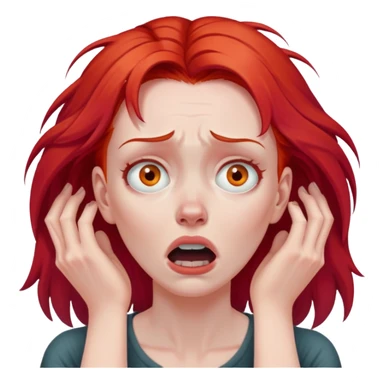 of a white woman with bright red hair, visibly distressed and clutching her neck with both hands, her face conveying a strong sense of panic and fear sticker