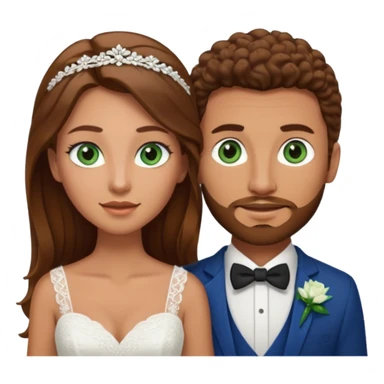wedding couple, woman has long straight brown hair and green eyes, man has short light brown curly hair and facial hair with blue eyes sticker