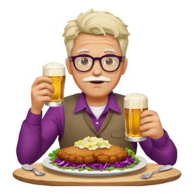 Man with wire framed glasses german eating schnitzel, red cabbage, sauerkraut, potato salad, and beer sticker