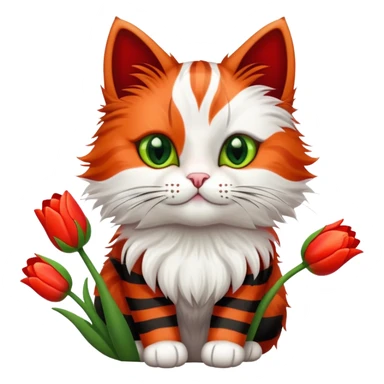 tricolor fluffy cat with big green eyes holding red tulips in her arms sticker