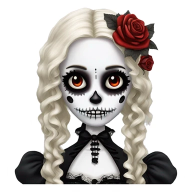 Skeleton, Tim Burton style, cracked porcelain doll face, goth makeup, long hair, lace, ruffles, Lolita fashion, inked, red roses, gothic castle. sticker
