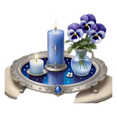 An enchanting nighttime scene where rich blue pansies bloom in a mystical landscape, their petals appearing almost luminous under the soft radiance of a silver crescent moon. A pearl-colored candle, embellished with intricate celestial symbols, sits atop an antique mirror tray, reflecting its warm glow. Wisps of silver mist curl around the flowers, and tiny glowing stars seem to hover just above the ground, adding to the dreamlike atmosphere. In the distance, a faint silhouette of a gothic archway frames the moon, enhancing the scene’s otherworldly beauty. sticker