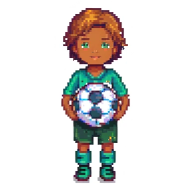 joyful elementary school boy with a soccer ball, pixel art style sticker
