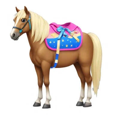 Sad horse wearing a beauty pageant satchel sticker