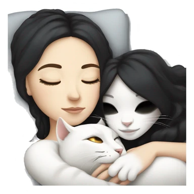 White girl with black hair sleeping with white cat sticker