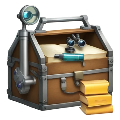 toolbox for scientist with a book, glasses, microscope sticker