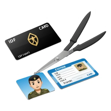 Floating black Scissors cutting in half an idf soldier ID card with a little chip in 2 parts .hyper realistic sticker