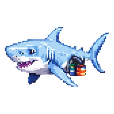 shark with sneakers on fins, fun and quirky pixel art sticker