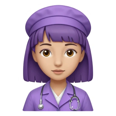A young female slim nurse with short Brown hair with fringe over her forehead, wearing larvendar purple working cloth sticker