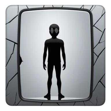 Minimalist emoji-style sticker of a person standing in front of a cracked mirror. The mirror shows a dark shadowy silhouette or distorted figure instead of a reflection. Flat black and white design with muted gray tones. No text. Bold, clean lines. Square composition. No shading or gradients. sticker