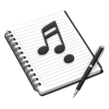Minimalistic flat vector icon, iOS style, thin black contour on white background. Small notebook with a musical note on the cover, a pen placed next to it. Clean, modern, no text, no shadows. sticker