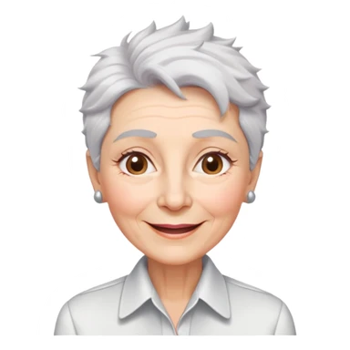 Senior version of Marian Pabón with defined facial structure, light pinkish skin showing age, almond eyes, arched eyebrows, charismatic wide smile, short spiky white-gray hair, more pronounced aging features, wearing a formal white buttoned shirt sticker