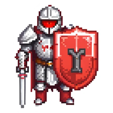 Knight with red and black armor holding a shield with the letter M on it sticker