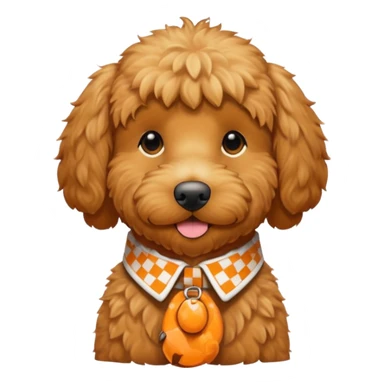 Golden doodle with Oran’s and white check collar with the name Buddy sticker