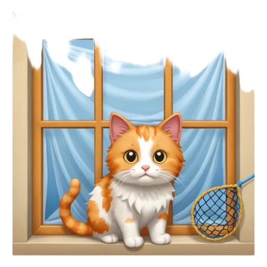 cat trying to go to a window with nets on the window sticker