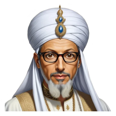 Jeff Goldblum without glasses as a regal portrait dressed as _cinematic-realistic-portrait-of-suleiman-the-magnificent,-depicted-as-a-regal-ottoman-sultan-adorned-with-a-large,-white,-round,-tall-turban-and-a-majestic-grey-beard,-his-commanding-gaze-bathed-in-warm,-historic-lighting-that-exudes-timel sticker