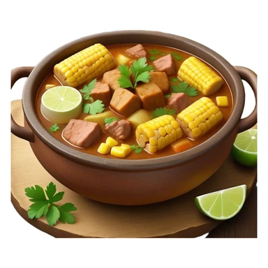 Cinematic Realistic Sancocho Antioqueño Emoji, depicting a hearty Colombian stew brimming with tender cuts of meat, yuca, plantains, corn on the cob, and potatoes in a rich, flavorful broth. Served in a rustic clay bowl with fresh cilantro and lime on the side, rendered with warm, inviting textures and homely, comforting lighting. sticker