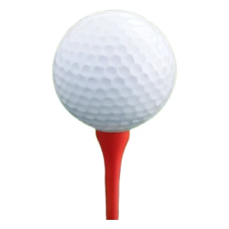 A golf ball resting on the grass of a lush golf course, with a golf club positioned nearby, ready for the next shot. The background features rolling green hills and a clear sky, highlighting the serene and precise nature of the sport. sticker