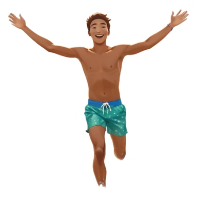 A person running into the ocean with arms wide open, embracing the waves and the moment. The sun shines warmly, and the water sparkles, symbolizing the joy of creating fun and appreciating life’s simple moments. Their footprints in the sand fade as they fully immerse themselves in the present. sticker