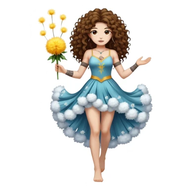 full body woman long curly brown hair brown eyes white skin tattoos muscular build dandelion seed spirit dress made of floating fluff sticker